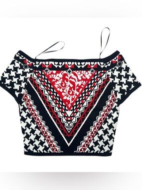 Jealous Tomato off-shoulder Geometric knit crop top Navy Red White Size S